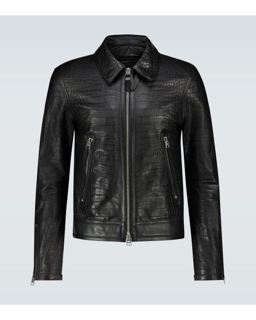Tom Ford Black Crocodile Effect Leather Jacket for men