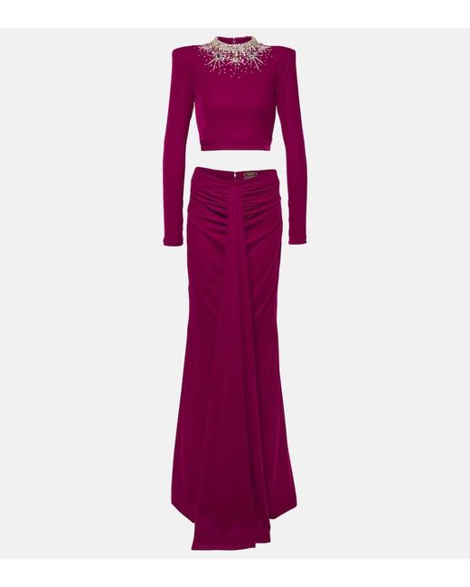 Miss Sohee Purple Gemma Embellished Crop Top And Maxi Skirt Set