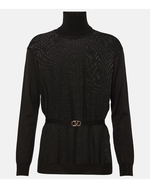 Valentino Black Belted Virgin Wool Turtleneck Sweater
