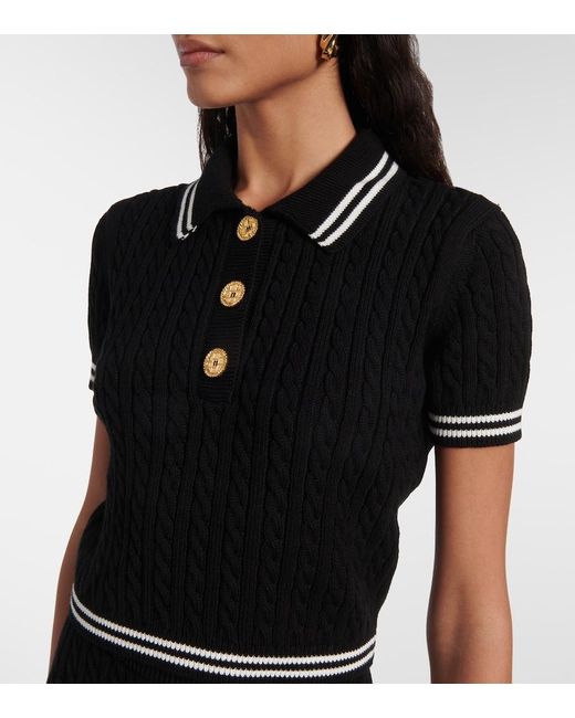 Alessandra Rich Black Cable-Knit Cropped Cotton Polo Shirt