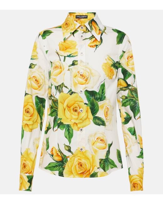 Dolce & Gabbana Yellow Floral Cotton-blend Poplin Shirt