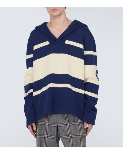 Gucci Blue Interlocking G Striped Cotton Sweater for men