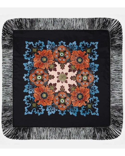 LaDoubleJ Black Fringed Printed Silk Twill Scarf