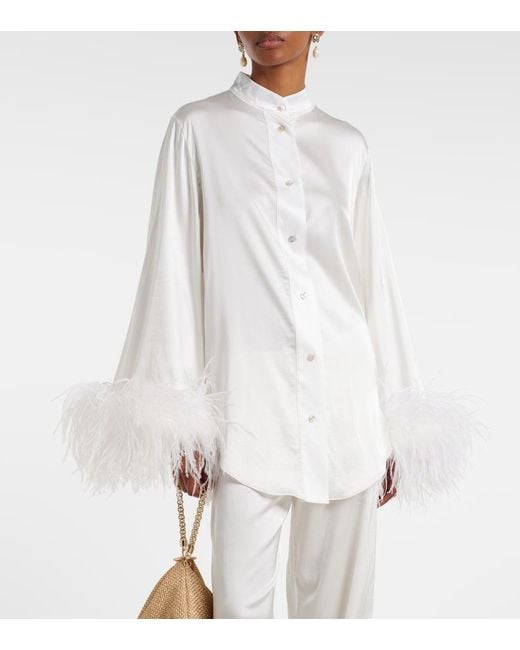 Oseree White Bridal Feather-Trimmed Satin Shirt