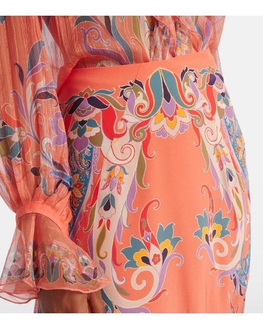 Etro Orange Paisley Silk Maxi Skirt