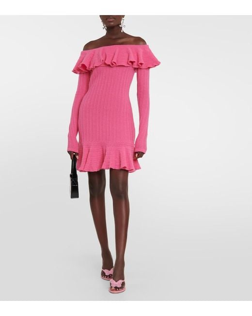 Blumarine Pink Off-Shoulder Ruffled Wool Minidress