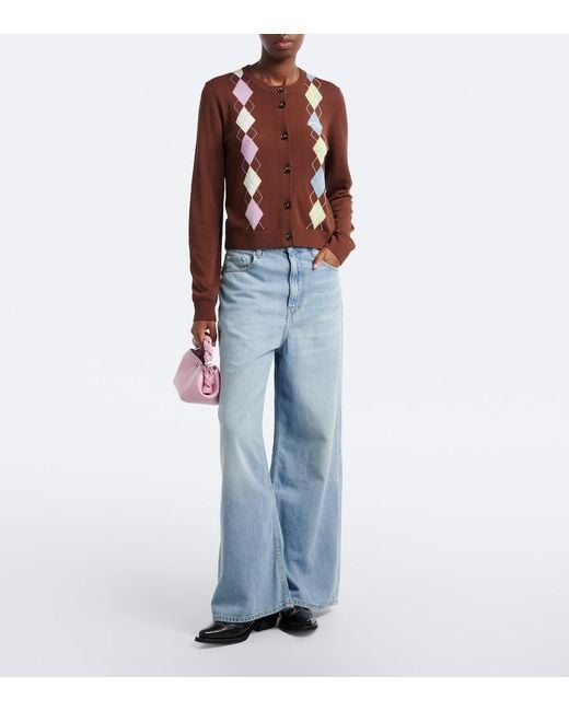 Ganni Brown Argyle Cotton Cardigan
