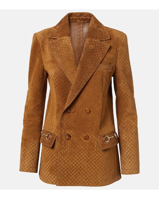 Gucci Brown Horsebit Gg Double-Breasted Suede Blazer