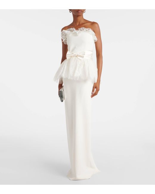 Alessandra Rich White Peplum Lace-Trimmed Cady Bustier Gown