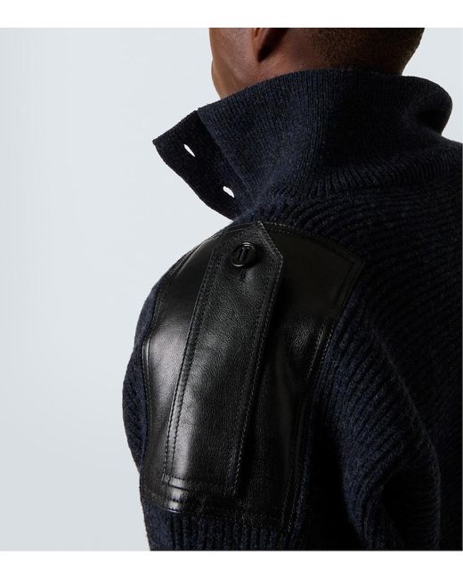 Burberry Blue Leather-Trimmed Wool-Blend Polo Sweater for men