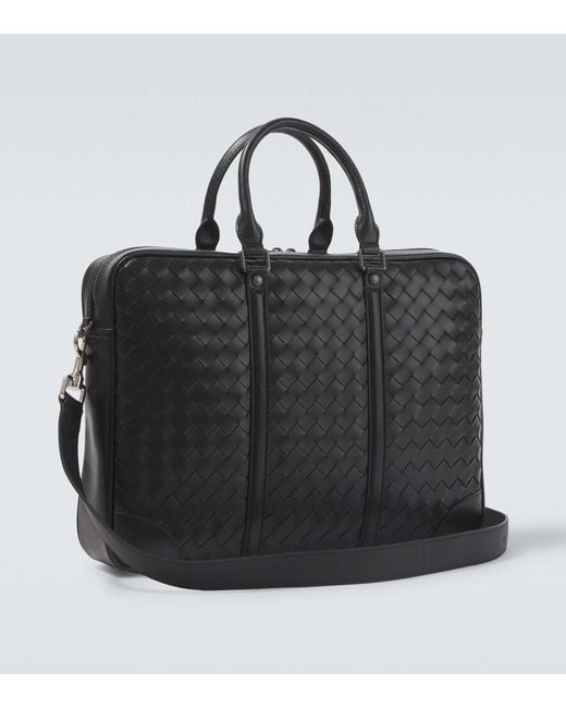 Bottega Veneta Black Intrecciato Leather Briefcase for men