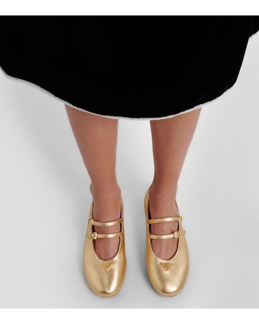 Prada Natural Metallic Leather Mary Jane Flats
