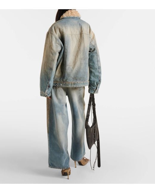 Acne Blue Shearling-Collar Distressed Denim Jacket