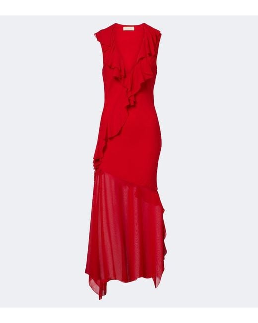 De La Vali Red Baila Floral Georgette Midi Dress