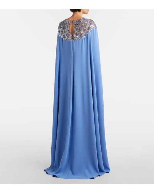 Oscar de la Renta Blue Embellished Caped Silk-Blend Gown