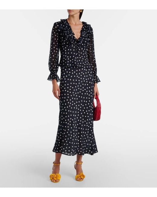 Rixo Blue Ardith Polka-Dot Silk Midi Skirt
