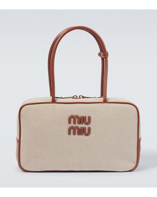 Miu Miu Natural Logo Leather-Trimmed Canvas Tote Bag for men