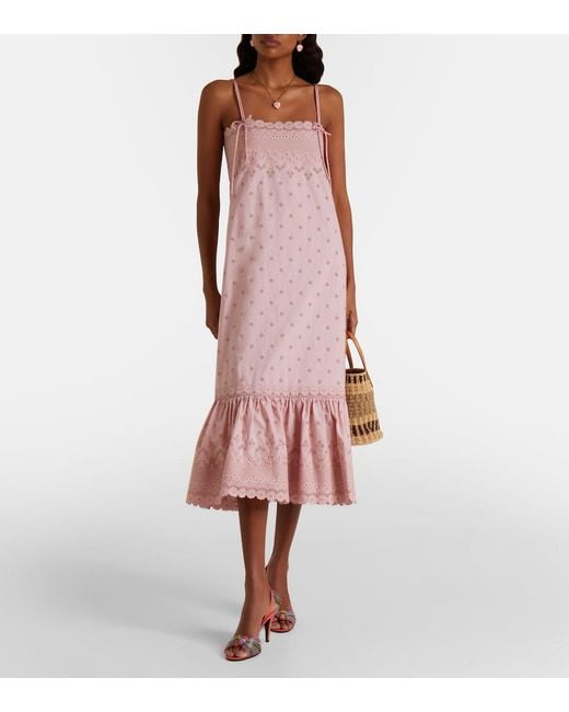 Valentino Pink Broderie Anglaise Silk-Trimmed Cotton Midi Dress