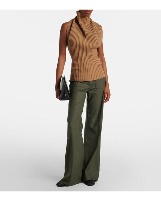 Victoria Beckham Brown Draped Ribbed-Knit Wool-Blend Top