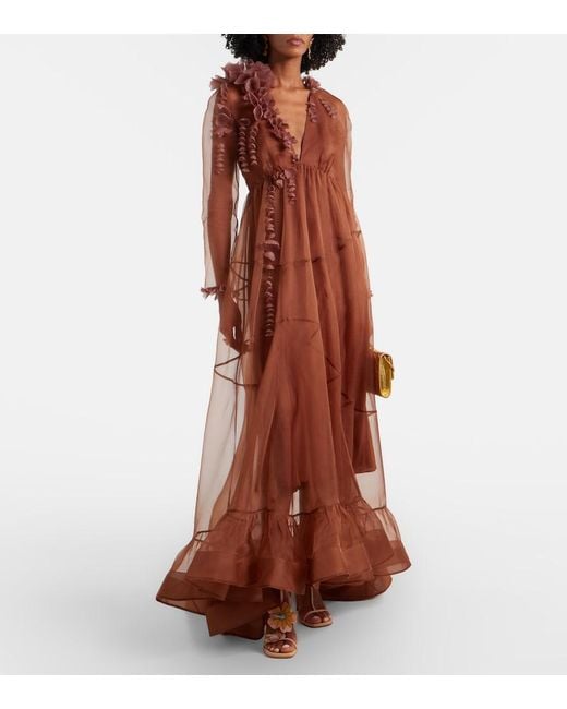 Zimmermann Brown Como Floral-Applique Silk Maxi Dress