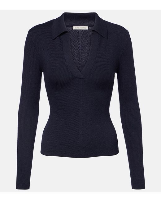 Emilia Wickstead Blue Austin Ribbed-Knit Wool Polo Sweater