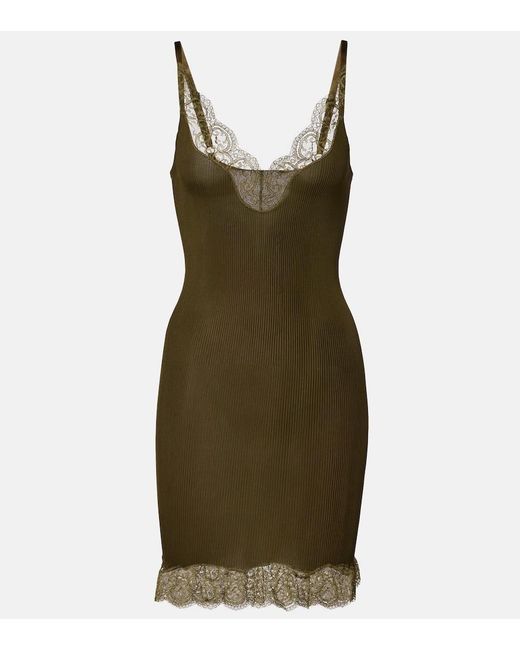 Saint Laurent Green Lace-Trimmed Silk Jersey Slip Dress