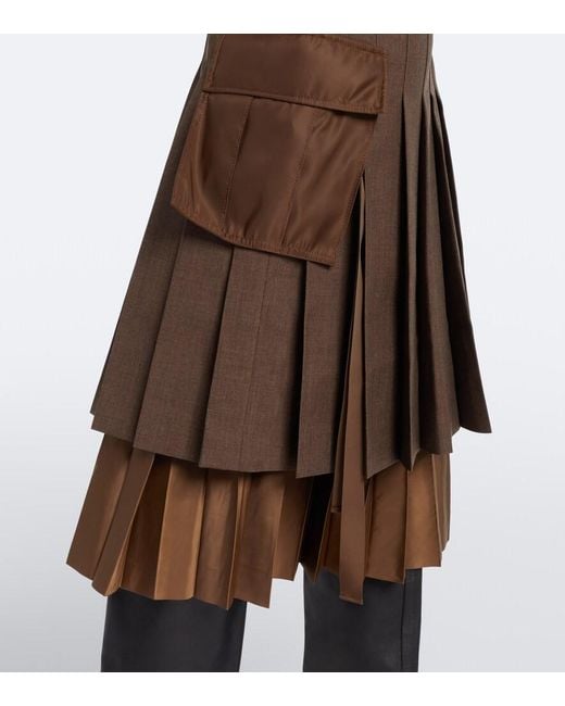 Sacai Brown Layered Pleated Wool-Trimmed Midi Skirt