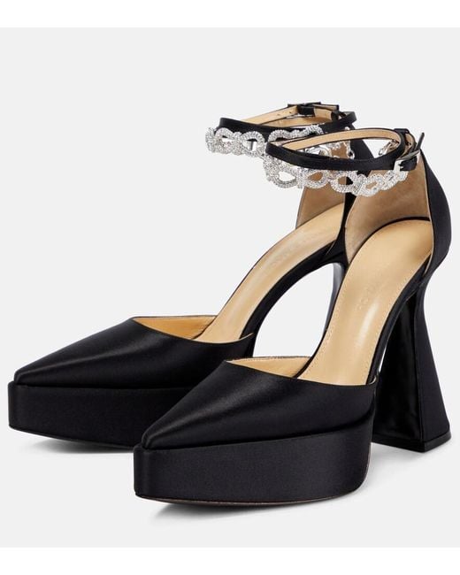 Mach & Mach Black Bow Chain Embellished Satin Platform Pumps