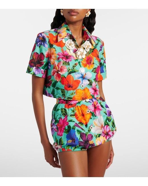 Dolce & Gabbana Blue Floral Cotton Crop Top