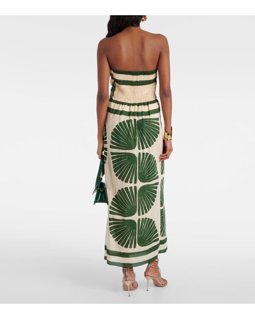 Johanna Ortiz Green Printed Strapless Cotton Maxi Dress