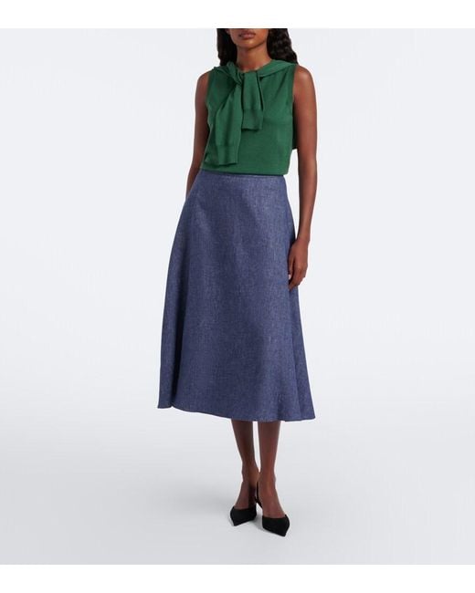 Carolina Herrera Blue Linen, Wool, And Silk-Blend Midi Skirt