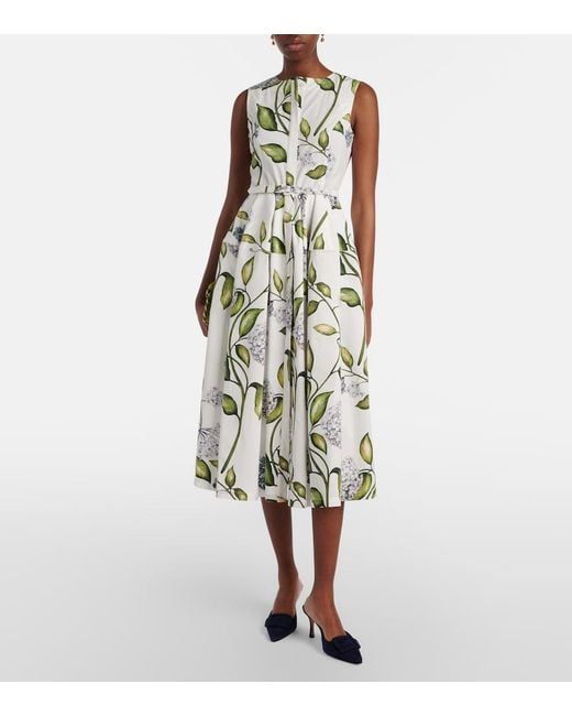 Oscar de la Renta White Porcelain Flower Cotton-Blend Midi Dress