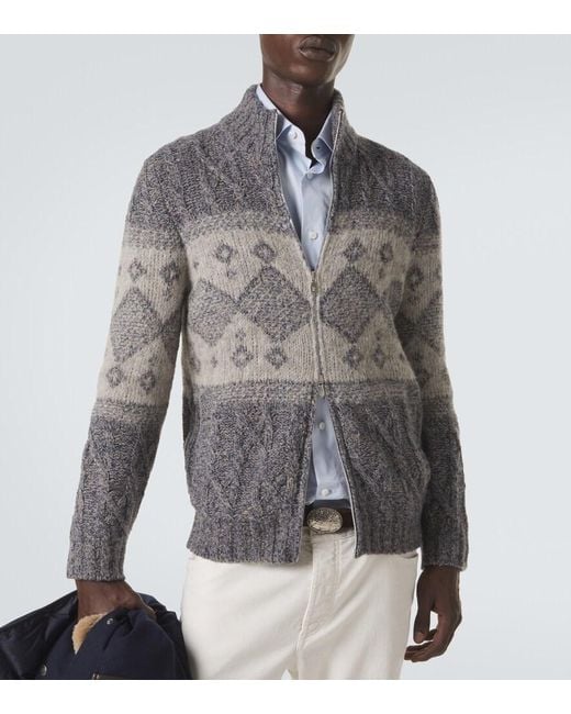 Brunello Cucinelli Gray Fair Isle Wool, Silk, And Cashmere Cardigan for men