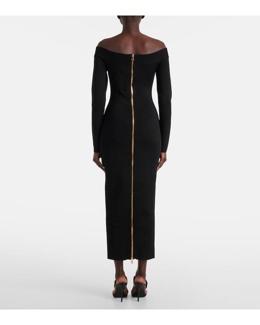 Balmain Black Ls Double Collar Knit Zipped Midi Dress