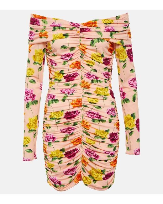 Magda Butrym Pink Ruched Off-Shoulder Floral Minidress