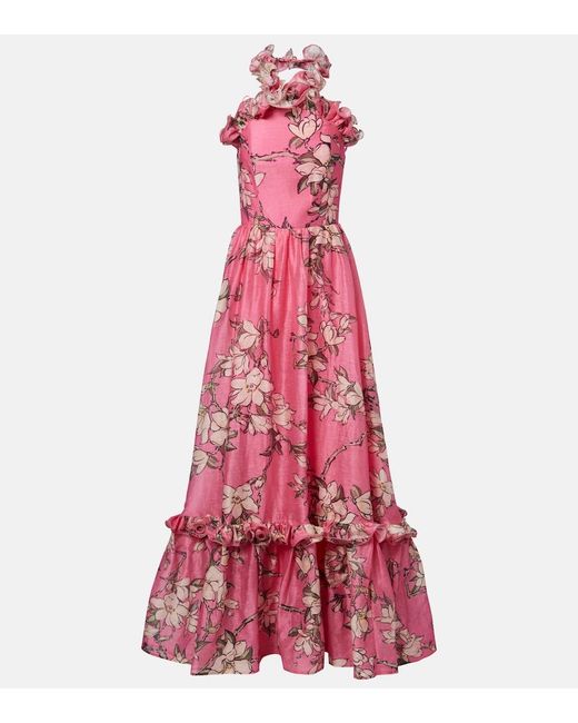 LEO LIN Red Isabelle Floral Ruffled Linen-Blend Gown