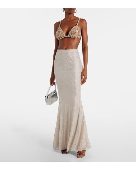 Self-Portrait White Rhinestone-Embellished Mesh Maxi Skirt