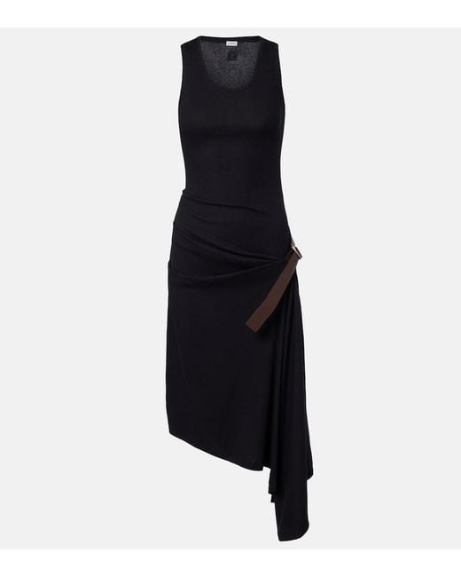 Loewe Black Belted Ribbed-Knit Draped Cotton-Blend Midi Dress