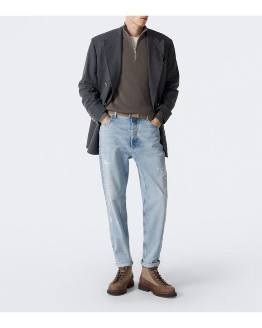 Brunello Cucinelli Gray Ribbed-Knit Half-Zip Cotton Sweater for men
