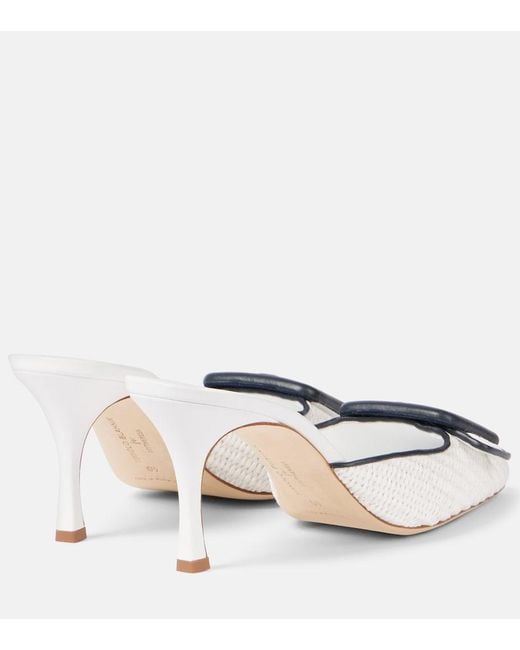Manolo Blahnik White Maysale 70 Leather-Trimmed Raffia Mules
