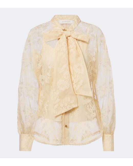 Zimmermann Natural Valiant Tie-Neck Lace Blouse