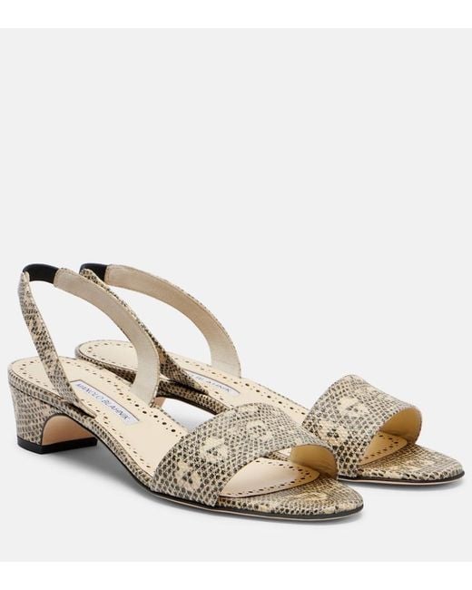 Manolo Blahnik Metallic Patobarnu 30 Lizard-Effect Leather Sandals
