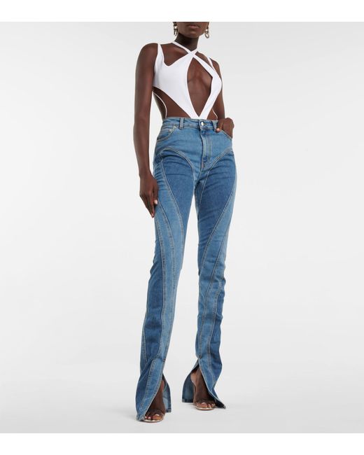 Jeans skinny con paneles de malla Mugler de Denim de color Azul Mujer Ropa de Vaqueros 