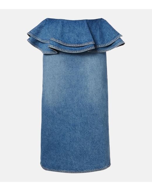 Plan C Blue Peplum Denim Midi Skirt