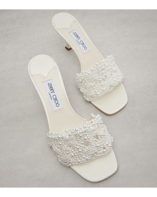 Jimmy Choo White Cary 70 Faux Pearl-Embellished Satin Mules