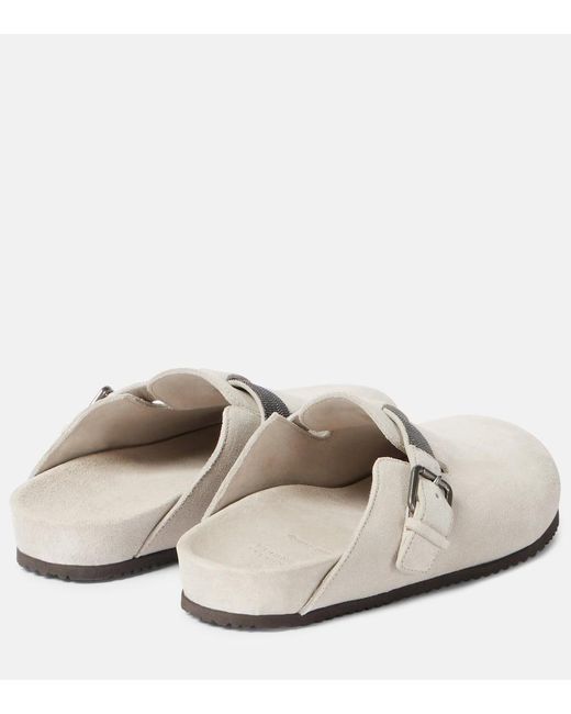 Brunello Cucinelli White Verzierte Slippers aus Veloursleder