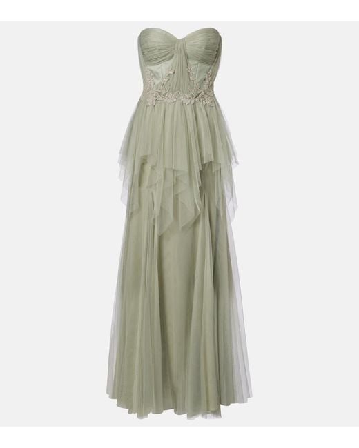 Costarellos Green Embellished Tulle Corset Gown