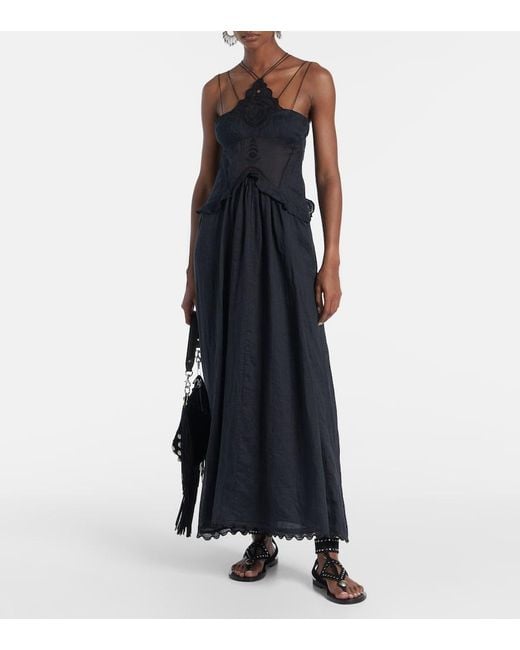 Isabel Marant Black Lindy Lace-Trimmed Embroidered Ramie Maxi Dress