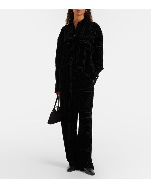 Totême Black Logo Velvet Wide-Leg Pants