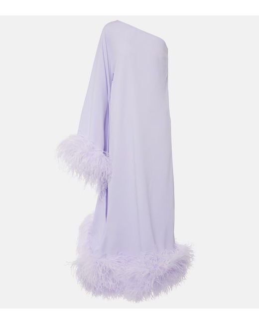 ‎Taller Marmo Purple Balear Feather-Trimmed One-Shoulder Crepe Gown
